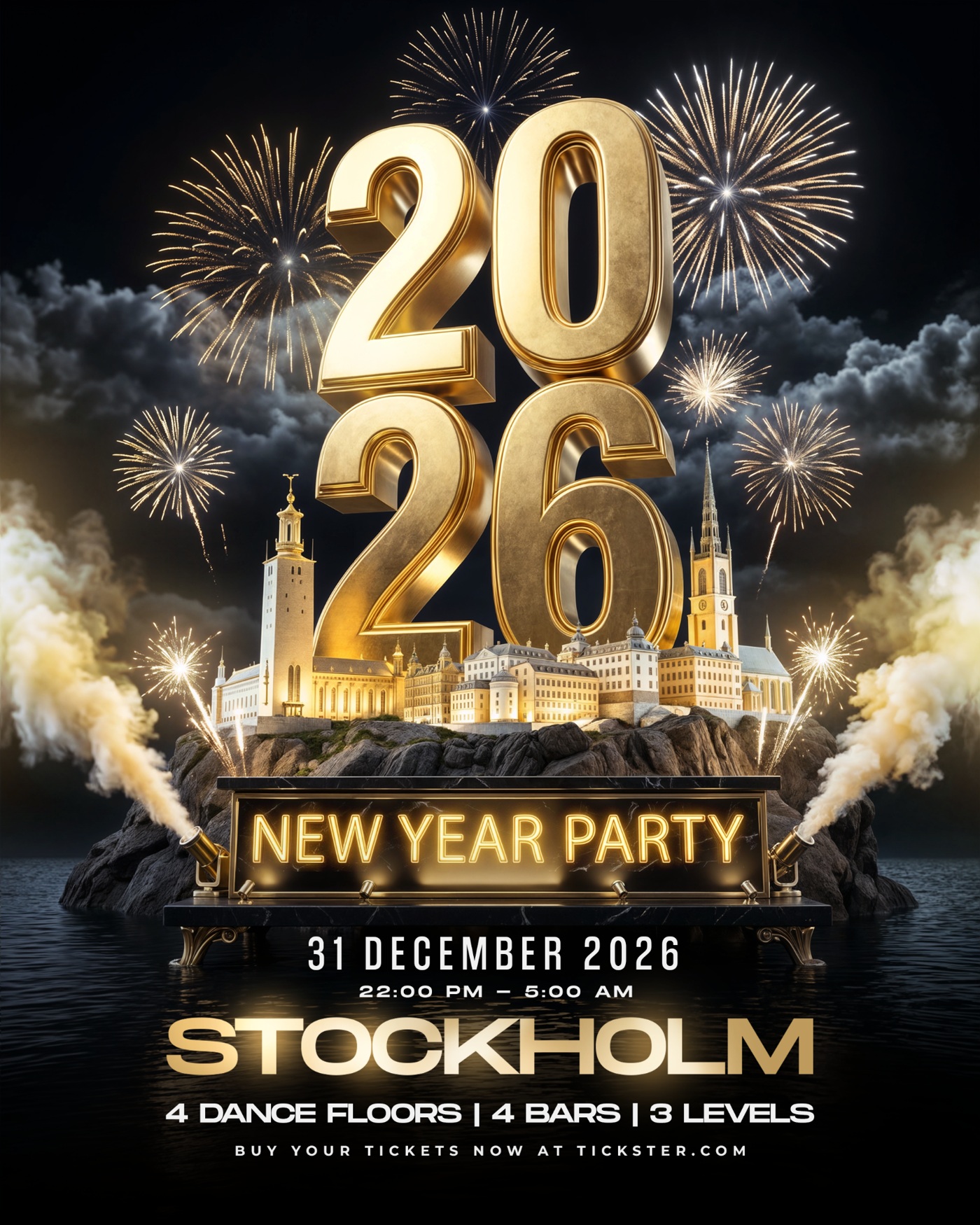 2026 NEW YEAR PARTY. 31 DECEMBER 2026. 22:00 PM - 5:00 AM. STOCKHOLM. 4 DANCE FLOORS | 4 BARS | 3 LEVELS. BUY YOUR TICKETS NOW AT TICKSTER.COM